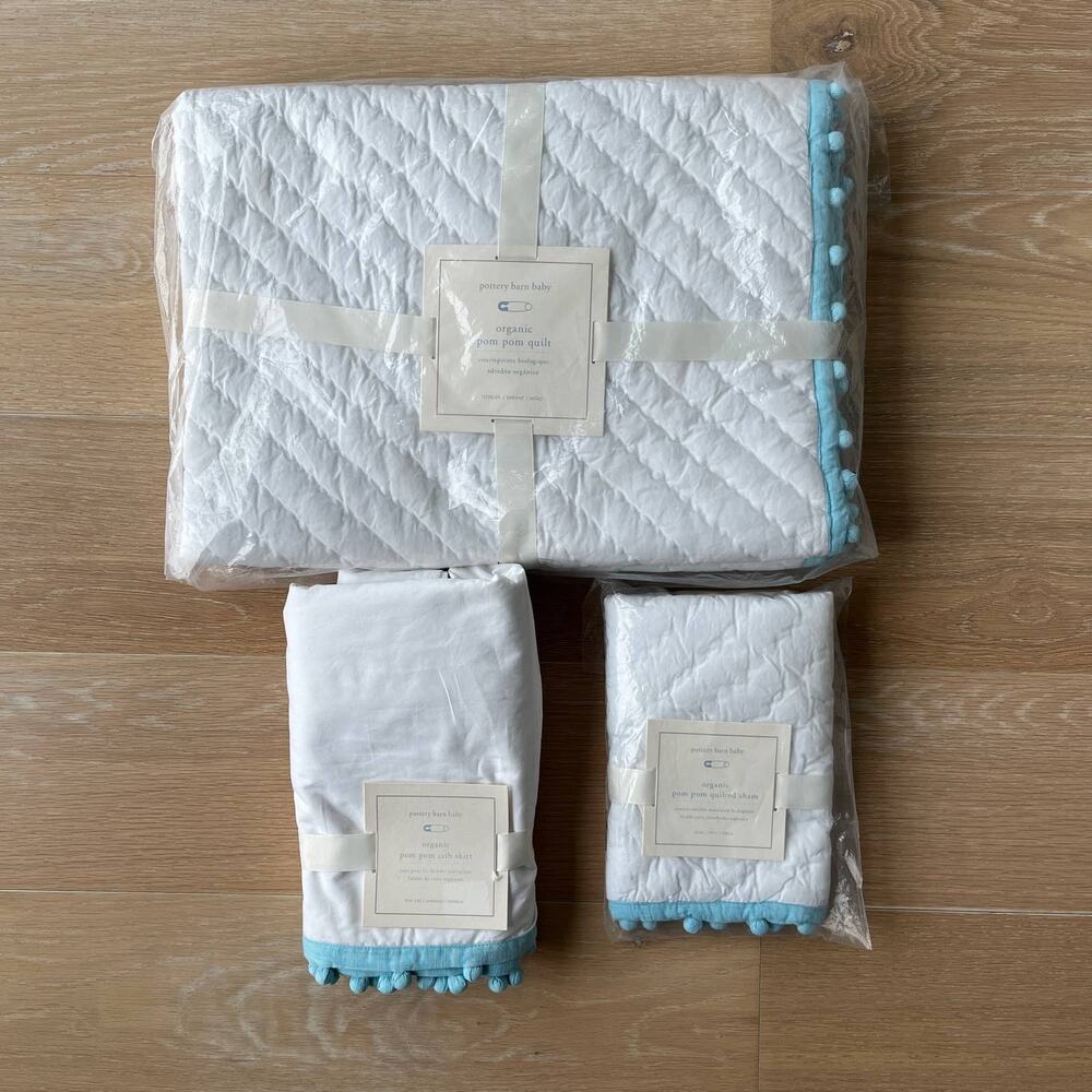 Pottery Barn Baby Organic Pom Pom Quilted Crib Bedding Quilt Sham Skirt NEW